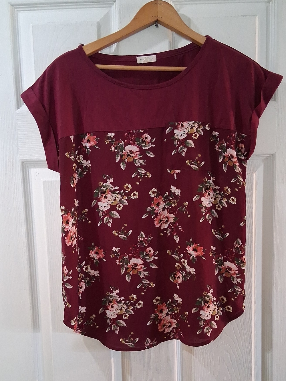 Women’s Floral Panel Short Sleeve Blouse - Burgundy